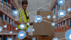 Checking boxes, warehouse worker using digital animation overlay for inventory. logistics, technology, automation, efficiency, supply chain, management - Powered by Shutterstock - Get 15% off with code: PIKWIZARD15