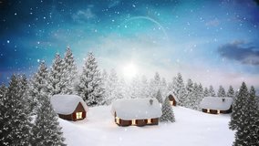 Glowing lights and animation in snow-covered cottages with Happy Holidays text. Winter, festive, celebration, cozy, greeting, decoration - Powered by Shutterstock - Get 15% off with code: PIKWIZARD15
