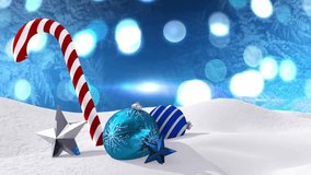 Season's Greetings text with festive ornaments and candy cane in snow. Holiday, decoration, winter, celebration, Christmas, New Year - Powered by Shutterstock - Get 15% off with code: PIKWIZARD15