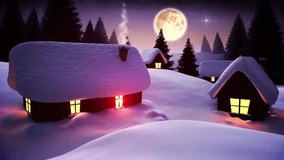 Happy Holidays text with reindeer silhouette against moonlit snow-covered cabins. Christmas, winter, festive, seasonal, night - Powered by Shutterstock - Get 15% off with code: PIKWIZARD15
