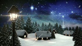 Animation of snow-covered village with glowing windows under starry sky. Winter, snowfall, night, stars, peaceful, cozy - Powered by Shutterstock - Get 15% off with code: PIKWIZARD15