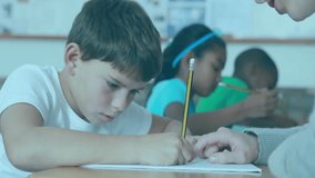 Teacher assisting focused student with digital brain interface animation overlay. Technology, education, innovation, mentoring, neuroscience, learning - Powered by Shutterstock - Get 15% off with code: PIKWIZARD15