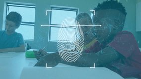 In school, fingerprint scan animation over students studying in classroom. Education, technology, security, biometrics, innovation, authentication - Powered by Shutterstock - Get 15% off with code: PIKWIZARD15