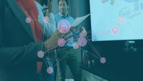 Discussing data visualization, diverse team in office with network animation overlay. Teamwork, collaboration, innovation, data analysis, technology, networking - Powered by Shutterstock - Get 15% off with code: PIKWIZARD15