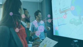 Discussing data visualization, diverse team in office with network animation overlay. Teamwork, collaboration, innovation, data analysis, technology, networking - Powered by Shutterstock - Get 15% off with code: PIKWIZARD15