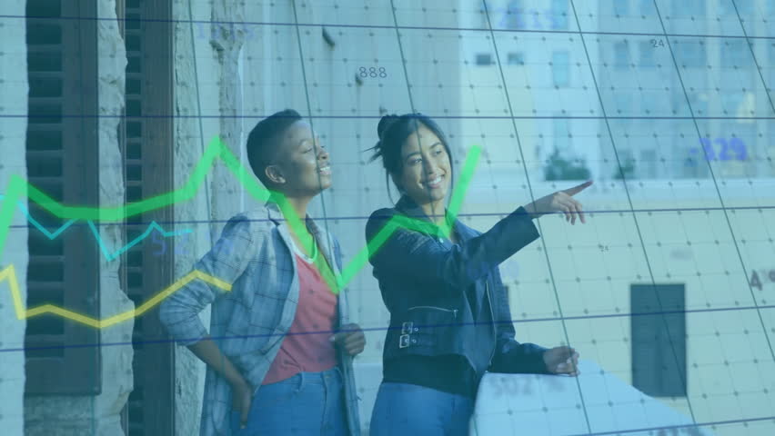 Pointing at financial graph overlaying urban background, two people smiling. Business, finance, technology, data, analysis, teamwork - Powered by Shutterstock - Get 15% off with code: PIKWIZARD15