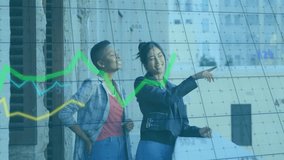 Pointing at financial graph overlaying urban background, two people smiling. Business, finance, technology, data, analysis, teamwork - Powered by Shutterstock - Get 15% off with code: PIKWIZARD15