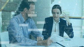 Reviewing documents, business professionals with data processing animation overlay in office. teamwork, data analysis, collaboration, innovation, technology, digital - Powered by Shutterstock - Get 15% off with code: PIKWIZARD15