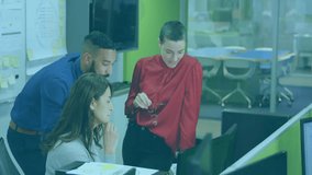 Diverse team collaborating on project with data processing animation overlay. Teamwork, collaboration, technology, innovation, brainstorming, office - Powered by Shutterstock - Get 15% off with code: PIKWIZARD15