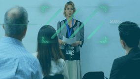 Businesswoman presenting data processing animation over audience in conference room. presentation, technology, analytics, corporate, professional, information - Powered by Shutterstock - Get 15% off with code: PIKWIZARD15