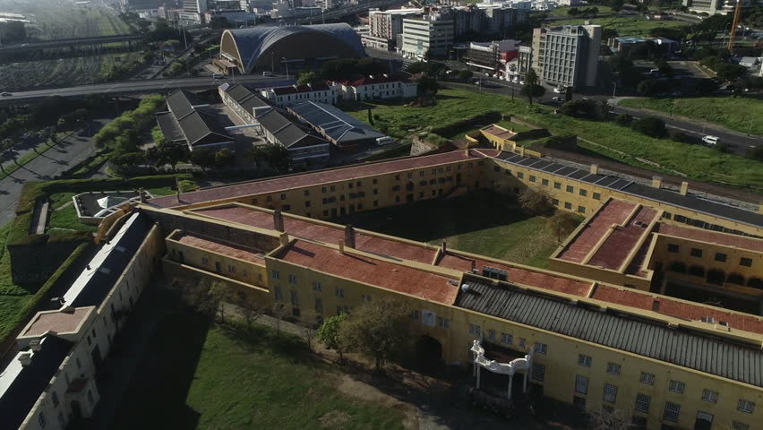 Aerial tilt reveals stone walls of old fortress in Cape Town, S Africa