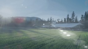 Animation of digital network icons overlaying green field with trees and mountains. Technology, connectivity, environment, nature, landscape, innovation - Powered by Shutterstock - Get 15% off with code: PIKWIZARD15