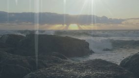 Futuristic digital interface animation over rocky ocean shoreline at sunset. Technology, innovation, landscape, virtual - Powered by Shutterstock - Get 15% off with code: PIKWIZARD15