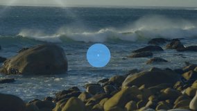 Digital music icons and connections animation over rocky ocean shoreline. Technology, networking, landscape, creative, futuristic - Powered by Shutterstock - Get 15% off with code: PIKWIZARD15