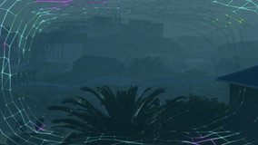 Palm trees and cityscape with colorful geometric animation overlaying scene. Urban, skyline, tropical, nature, architecture, vibrant - Powered by Shutterstock - Get 15% off with code: PIKWIZARD15