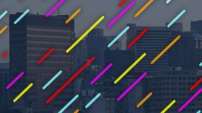 Colorful diagonal lines animation over city skyline with tall buildings. Cityscape, metropolis, urban, abstract, modern, architecture - Powered by Shutterstock - Get 15% off with code: PIKWIZARD15