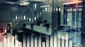 In modern office, financial data charts and graphs overlaying workspace animation. Business, finance, analytics, presentation, technology, corporate - Powered by Shutterstock - Get 15% off with code: PIKWIZARD15
