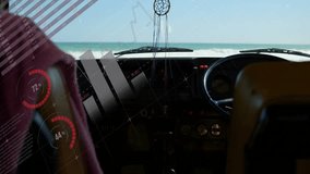 Dreamcatcher hanging in car with world map animation over ocean view. Travel, adventure, boho, exploration, wanderlust, journey - Powered by Shutterstock - Get 15% off with code: PIKWIZARD15