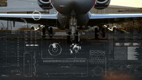 Digital animation overlay showing data on aircraft parked on tarmac. Aviation, technology, data visualization, analytics, airport, aerospace - Powered by Shutterstock - Get 15% off with code: PIKWIZARD15