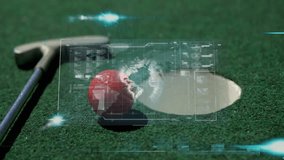 On grass, golf ball with digital data overlay and animation holographic display. technology, innovation, sport, futuristic, augmented reality, hologram - Powered by Shutterstock - Get 15% off with code: PIKWIZARD15
