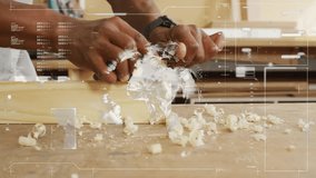Planing wood, hands using digital interface overlay displaying measurements and data. Carpentry, woodworking, technology, craftsmanship, innovation, precision - Powered by Shutterstock - Get 15% off with code: PIKWIZARD15