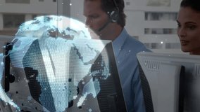 Global network animation over diverse customer service representatives at work. communication, technology, connections, support, teamwork - Powered by Shutterstock - Get 15% off with code: PIKWIZARD15