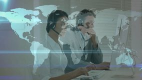 World map and data processing animation over people working at office desks. Global, teamwork, technology, analytics, collaboration, business - Powered by Shutterstock - Get 15% off with code: PIKWIZARD15