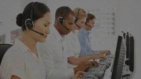In office, customer service team working at computers with network overlay animation. Call center, teamwork, technology, communication, support, connectivity - Powered by Shutterstock - Get 15% off with code: PIKWIZARD15