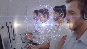 Customer service team working at computers with digital network overlay animation. Teamwork, communication, support, call center, technology, collaboration - Powered by Shutterstock - Get 15% off with code: PIKWIZARD15