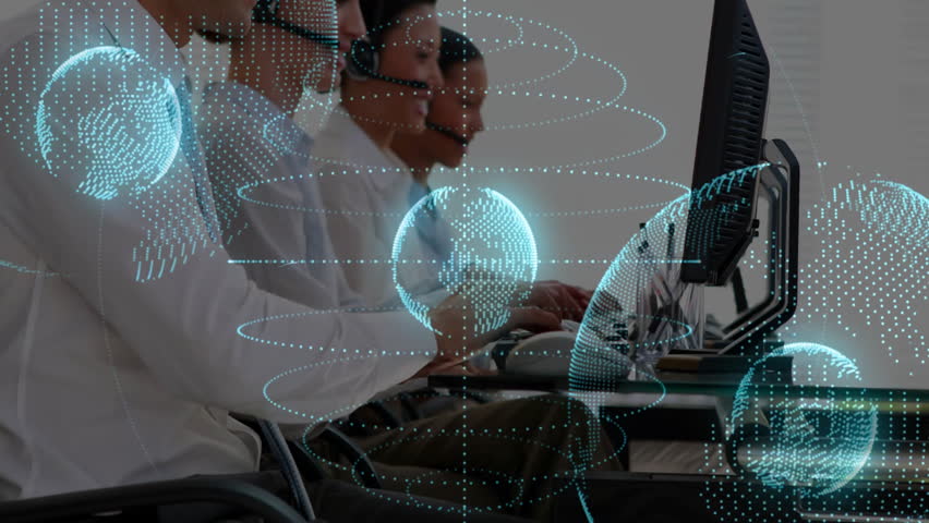 Working at computers, customer service team with animation of digital globe overlay. Technology, communication, teamwork, customer support, innovation, virtual - Powered by Shutterstock - Get 15% off with code: PIKWIZARD15