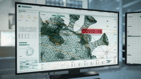 Biomedical tools, chest X-ray and scans on the background. Two computer screens with a mouse and keyboard on desk. Data analysis software. Zoom in on one of the virus particles. Covid-19. UI - Powered by Shutterstock - Get 15% off with code: PIKWIZARD15