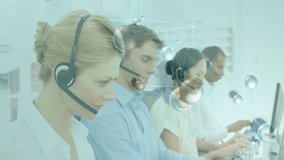 Customer service team working with animated network connections overlay in office. Teamwork, digital, communication, technology, support, collaboration - Powered by Shutterstock - Get 15% off with code: PIKWIZARD15