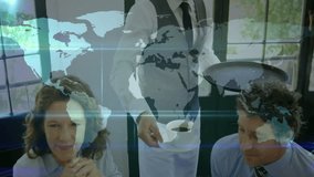 Data processing animation and world map overlay during business meeting with coffee. technology, analytics, teamwork, global, digital, innovation - Powered by Shutterstock - Get 15% off with code: PIKWIZARD15