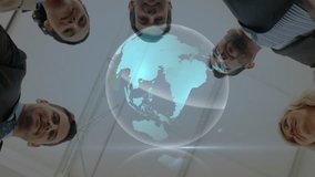 Diverse group of people joining hands with digital globe animation overlay. Unity, teamwork, collaboration, diversity, technology, global - Powered by Shutterstock - Get 15% off with code: PIKWIZARD15