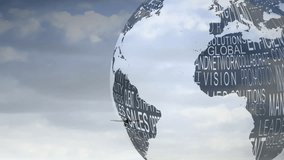 Rotating globe with animation text overlay on cloudy sky background. Earth, global, blue, movement, clouds, technology - Powered by Shutterstock - Get 15% off with code: PIKWIZARD15