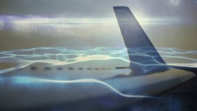 Digital wave animation overlaying airplane wing with sky background in motion. Technology, aerospace, aviation, flight, futuristic, innovation - Powered by Shutterstock - Get 15% off with code: PIKWIZARD15