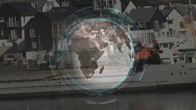 Digital globe animation over harbor scene with boats and buildings. Global, connectivity, technology, waterfront, urban, maritime - Powered by Shutterstock - Get 15% off with code: PIKWIZARD15