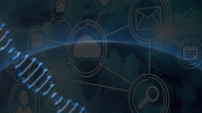 Animation of digital network icons and DNA strand over globe, showing connectivity. technology, networking, global, innovation, communication - Powered by Shutterstock - Get 15% off with code: PIKWIZARD15