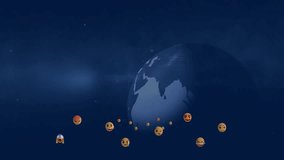 Animation of floating emojis around digital globe on dark blue background. Social media, technology, communication, internet, networking, virtual - Powered by Shutterstock - Get 15% off with code: PIKWIZARD15