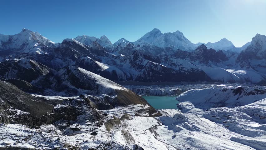 A view of Gokyo Lake, Mount Sagarmatha (Everest) and other mountains from Renjola Pass. A drone video taken in October 2024. Gokyo is a RAMSAR Site.