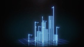 Buildings Construction Hologram 3d Animation Time Lapse. Cranes Working Time-lapse Blueprint Illustration. Growing Abstract City Street Dark Blue Digital Light Project. Business Technology Concept 4k. - Powered by Shutterstock - Get 15% off with code: PIKWIZARD15