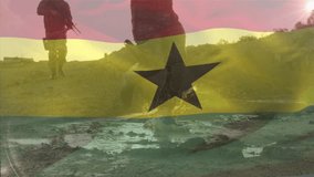 Silhouetted soldiers walking with Ghana flag overlay in animation scene. Military, patriotism, troops, national flag, marching, defenders - Powered by Shutterstock - Get 15% off with code: PIKWIZARD15