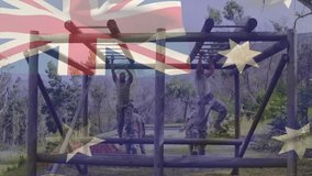 Training on obstacle course, soldiers with Australian flag animation overlay. Military, army, teamwork, endurance, patriotism, defense - Powered by Shutterstock - Get 15% off with code: PIKWIZARD15