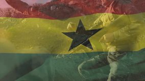 In animation, soldiers in action with Ghana flag overlaying scene. Military, patriotism, warfare, defense, armed forces, battle - Powered by Shutterstock - Get 15% off with code: PIKWIZARD15