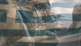 Planning strategy, military personnel discussing over animated Greek flag background. teamwork, collaboration, defense, tactics, meeting, brainstorming - Powered by Shutterstock - Get 15% off with code: PIKWIZARD15