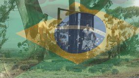 Training on obstacle course, soldiers with Brazilian flag animation outdoors. Military, teamwork, exercise, discipline, camouflage - Powered by Shutterstock - Get 15% off with code: PIKWIZARD15