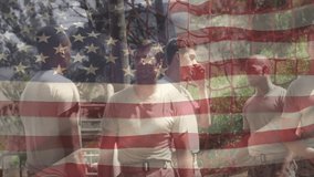 Wearing military attire, men standing together with American flag animation overlay. patriotism, soldiers, teamwork, comradeship, armed forces, national - Powered by Shutterstock - Get 15% off with code: PIKWIZARD15