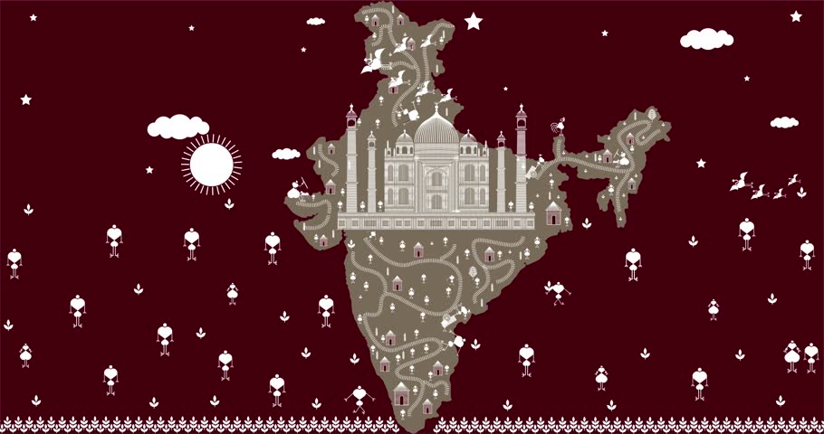 india map, taj mahal agra uttar pradesh unesco world heritage site, warli art map, kachindo art, graphic art vector, illustration