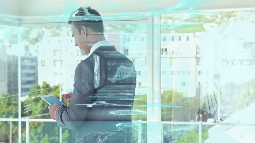 Businessman using tablet with digital data processing animation over cityscape. Technology, innovation, networking, futuristic, analytics, urban - Powered by Shutterstock - Get 15% off with code: PIKWIZARD15