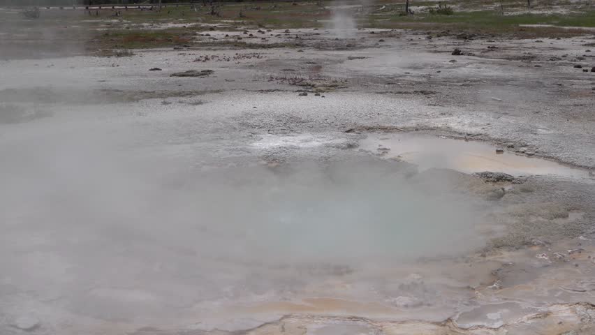 Active, Bubbling, Hot Springs Geyser Splashing Hot Water And Steam. 4K Tourist POV Visiting Yellowstone National Park, USA.